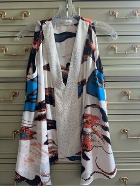 T-Bags Sleeveless Beaded V-Neck Tunic with Blue and Orange Abstract Print